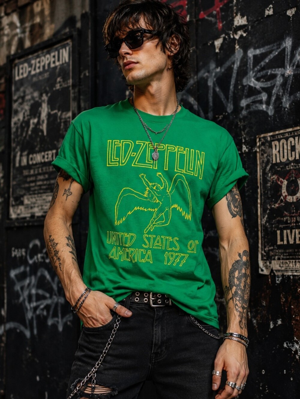 2006 LED ZEPPELIN "UNITED STATES OF AMERICA 1977" T-SHIRT Sz S Green Jerzees #R2